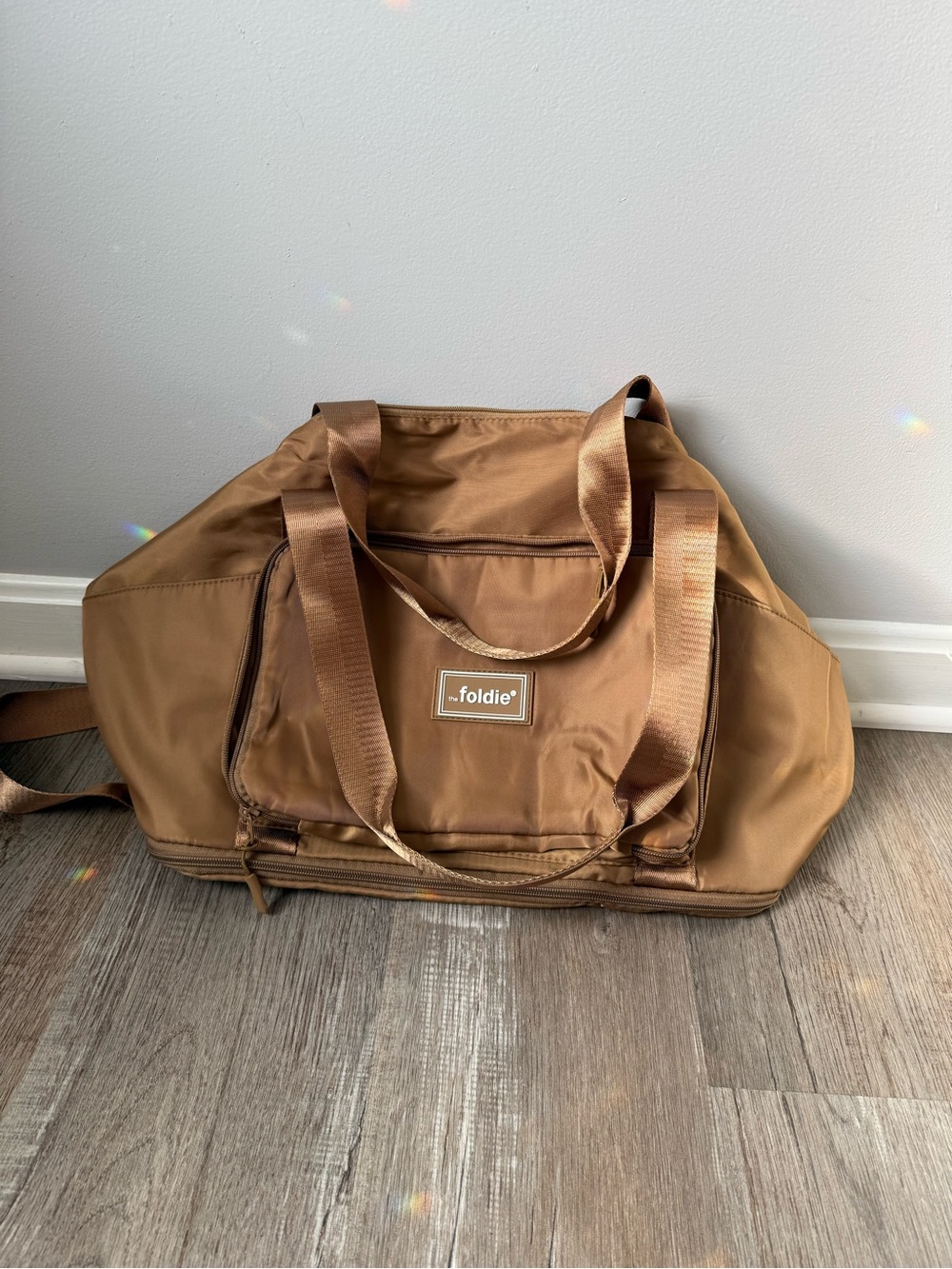 New THE FOLDIE BAG Travel Bag Expandable Packable Tote Bag 40L Cognac Brown